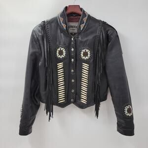 VTG Unik Leather Motorcycle Jacket‎ Womens M Black Fringe Beaded Cropped Snaps